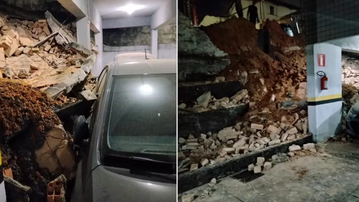 Deslizamento de terra derruba muro de condomínio e esmaga carros em Belo Horizonte